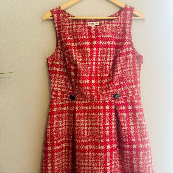 Merona Sz 10 Fit & Flare Plaid Dress Red Black VTG Style Cottagecore Academia - Picture 5 of 11